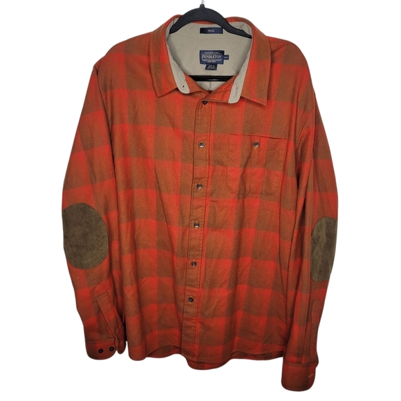 Pendleton Other - Pendleton Trail Virgin Wool Button Down Elbow Patch Shirt Size XXL Plaid Orange